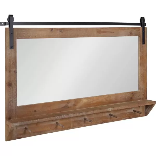 Kate and Laurel Cates Farmhouse Horizontal Pub Mirror with Shelf and Hooks 42 x 27 White Decorative Coastal Wall Mirror with Rustic Functional StorageRustic Brown