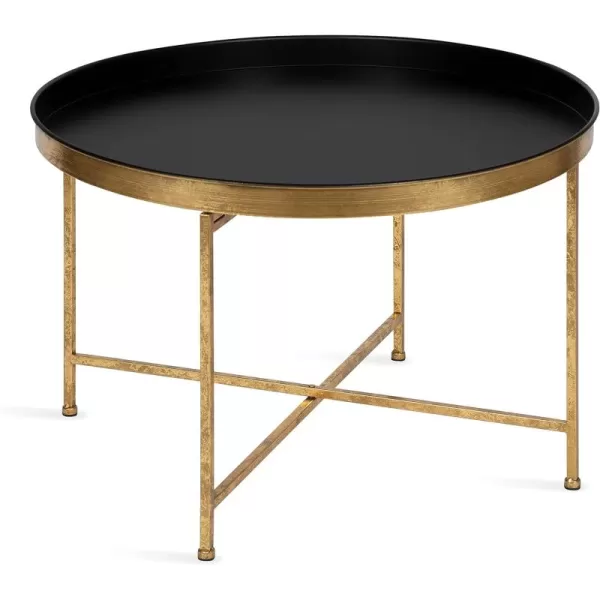 Kate and Laurel Celia Metal Foldable Round Accent Coffee Table 2825quot x 2825quot x 19quot Mirrored Surface and Gold Frame Modern Minimalist Design and Detachable Magnetic TabletopBlackGold