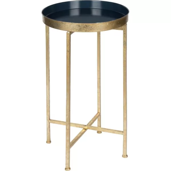 Kate and Laurel Celia Round Metal Foldable Tray Accent Table Navy Blue with Gold Base