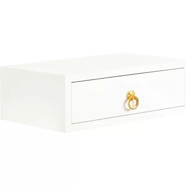 Kate and Laurel Decklyn Floating Wood Side Table 18 x 12 x 6 White Decorative Modern Glam Floating Wall Shelf with a Concealed Drawer Compartment for StorageWhiteGold