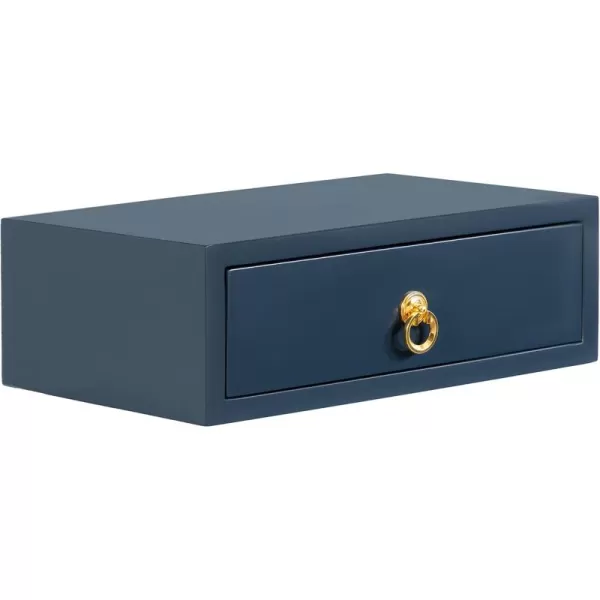 Kate and Laurel Decklyn Floating Wood Side Table 18 x 12 x 6 White Decorative Modern Glam Floating Wall Shelf with a Concealed Drawer Compartment for StorageNavy BlueGold