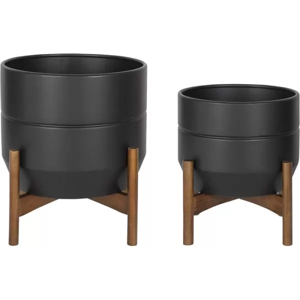 Kate and Laurel Dolbry MidCentury Modern Metal Planters Set of 2 Black with Walnut Brown Base Modern Freestanding Pots for Indoor Plants