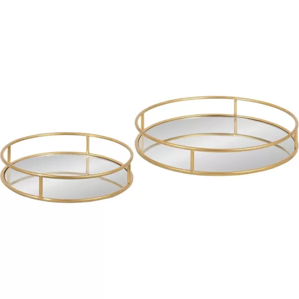 Kate and Laurel Felicia Modern Glam Metal Nesting Trays  Decorative Round Shape with Handles and Mirror Surface Set of 2 Gold