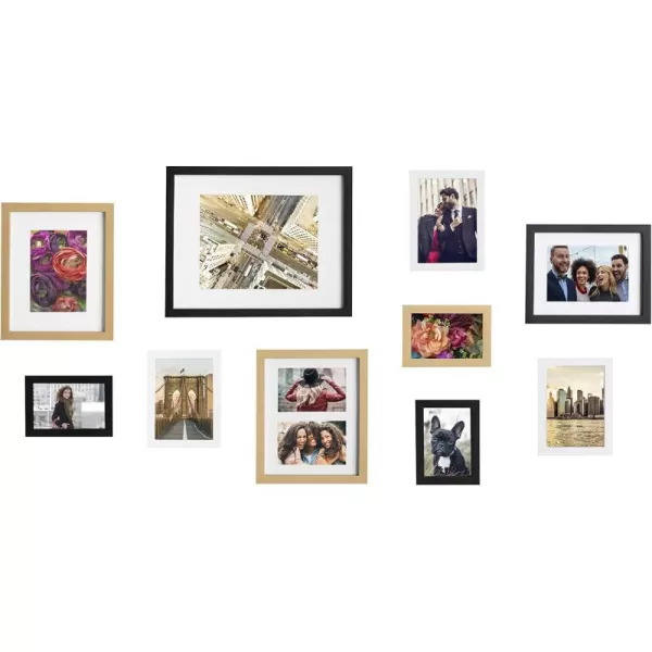 Kate and Laurel Gallery MidCentury Wood Wall Frame Set Set of 10 Walnut Brown Gold Black and WhiteMultiGold