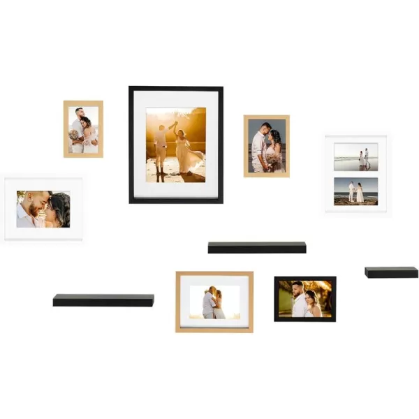 Kate and Laurel Gallery Wall Frame and Shelf Kit Set of 10 Three Modern Glam Finishes Assorted Size Photo FramesAssorted