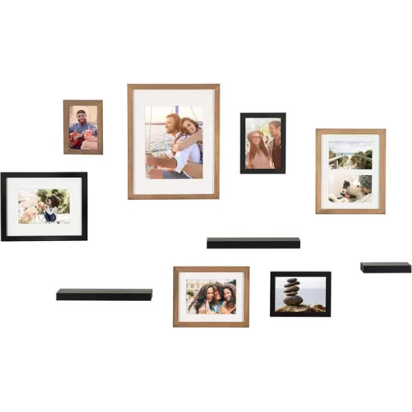 Kate and Laurel Gallery Wall Frame and Shelf Kit Set of 10 Three Modern Glam Finishes Assorted Size Photo FramesRustic BrownBlack