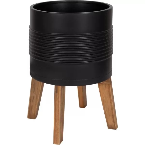 Kate and Laurel Gavri Farmhouse Freestanding Indoor Planter 1125 Inch Diameter Black and Rustic Brown Decorative Plant Stand with Wood Base and Iron Pot