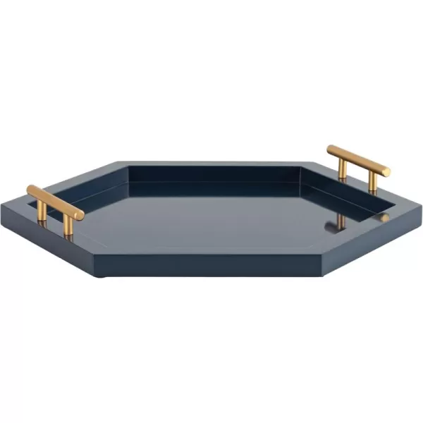 Kate and Laurel Halsey Decorative Hexagon Tray with Gold Metal Handles 18 x 16 Navy Blue and Gold Modern Glam Serving Tray with Handles for Living Room DecorNavy Blue