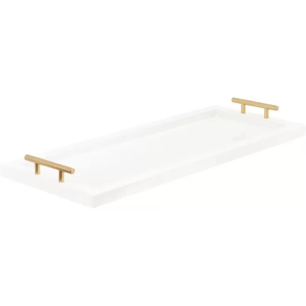 Kate and Laurel Halsey Rectangle Decorative Narrow Tray with Gold Metal Handles 24 x 10 White and Gold Modern Glam Slim Serving Tray with Handles for Living Room DecorWhite