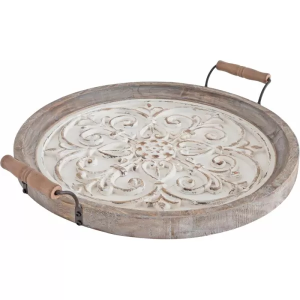 Kate and Laurel Hillrose Round Wooden Tray 18 inch Diameter Rustic Brown and White Decorative Tray for Serving Display and Storage