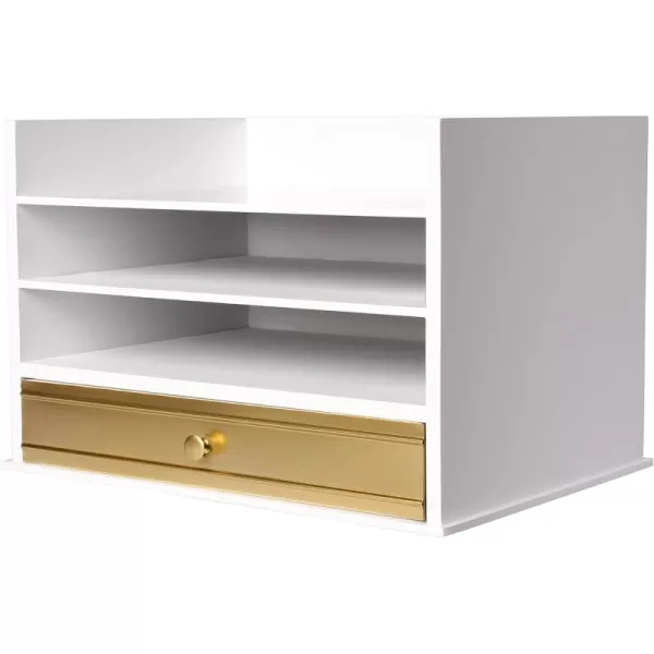 Kate and Laurel Industrious Desktop Wood Letter Tray with 3 Trays and Drawer White and GoldGoldWhite