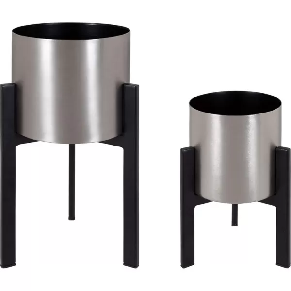 Kate and Laurel Kolding Modern Planter Set of 2 Silver and Black Elevated Industrial Tall Planter with Stand