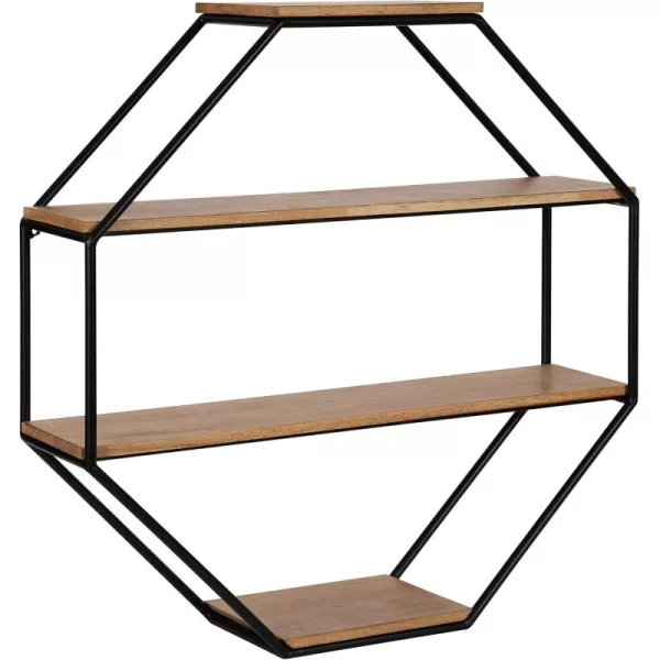 Kate and Laurel Lintz Large Modern Octagon Floating Wall Shelves with Metal Frame Gold and WhiteRustic Brown