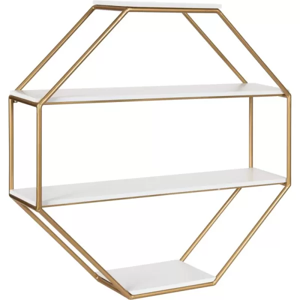 Kate and Laurel Lintz Large Modern Octagon Floating Wall Shelves with Metal Frame Gold and WhiteWhiteGold