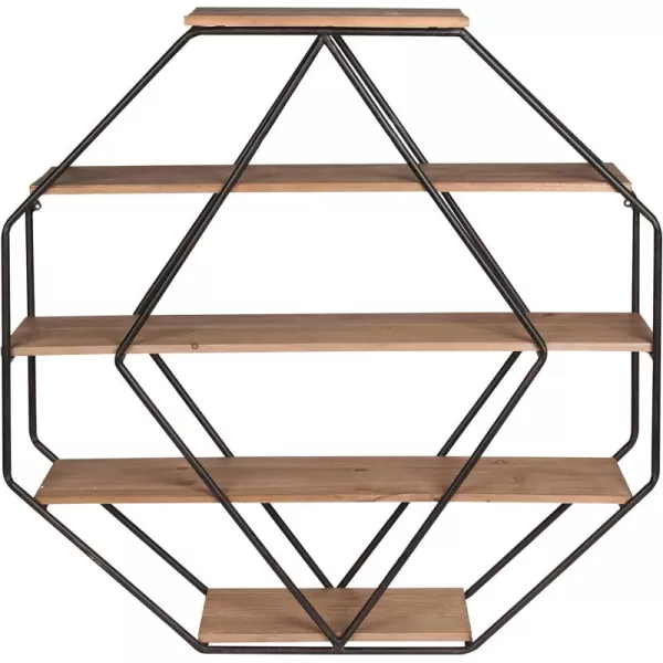 Kate and Laurel Lintz Large Octagon Shaped Floating Wood Book Shelves for Decorative Wall Display Black Metal Frame with Rustic Brown ShelvesRustic Brown