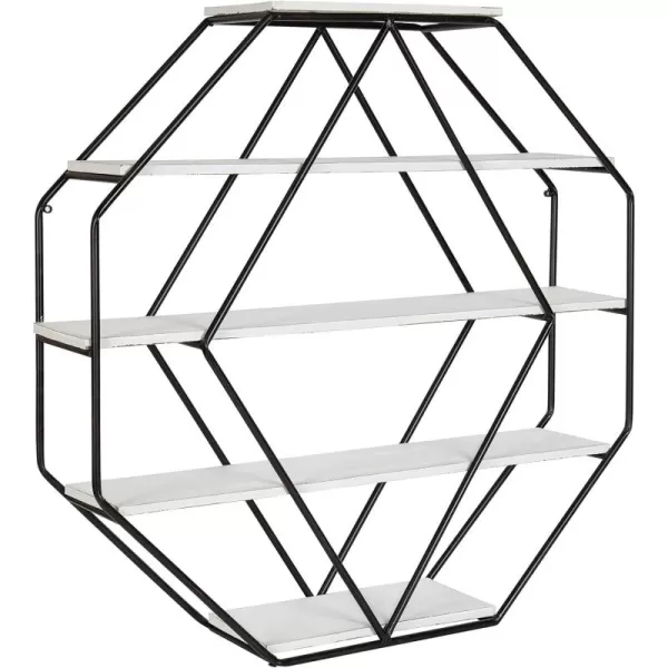 Kate and Laurel Lintz Large Octagon Shaped Floating Wood Book Shelves for Decorative Wall Display Black Metal Frame with Rustic Brown ShelvesWhite