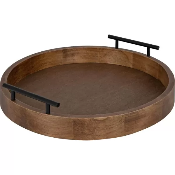 Kate and Laurel Lipton MidCentury Modern Round Wooden Tray 155quot Diameter Dark Walnut Brown with Gold Handles Decorative Accent Tray for Storage and DisplayRustic Brown