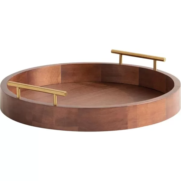 Kate and Laurel Lipton MidCentury Modern Round Wooden Tray 155quot Diameter Dark Walnut Brown with Gold Handles Decorative Accent Tray for Storage and DisplayWalnut BrownGold