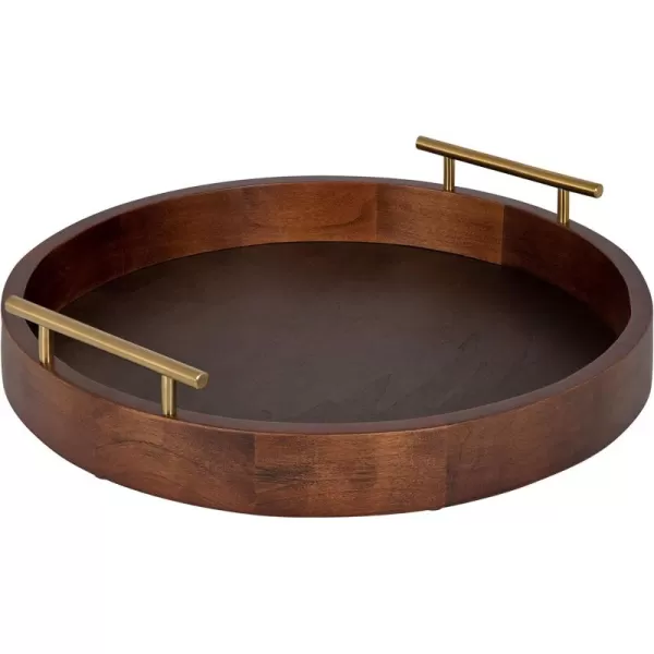 Kate and Laurel Lipton MidCentury Modern Round Wooden Tray 155quot Diameter Dark Walnut Brown with Gold Handles Decorative Accent Tray for Storage and DisplayWalnut Brown