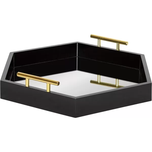 Kate and Laurel Lipton Modern Hexagon Decorative Tray 18quot x 18quot Black with Gold Metal HandlesBlackMirror