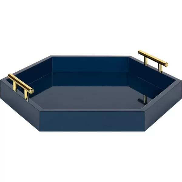 Kate and Laurel Lipton Modern Hexagon Decorative Tray 18quot x 18quot Black with Gold Metal HandlesNavy Blue