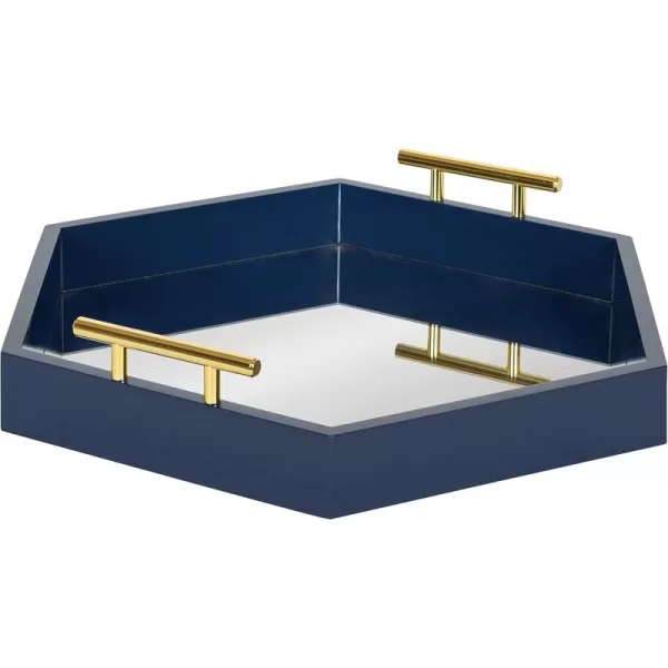 Kate and Laurel Lipton Modern Hexagon Decorative Tray 18quot x 18quot Black with Gold Metal HandlesNavy BlueMirror