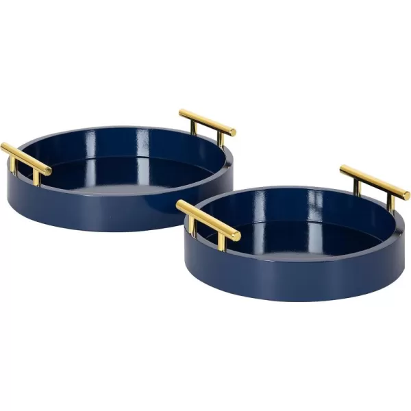Kate and Laurel Lipton Modern Round Tray Set Set of 2 Sand and Gold Glam Decorative Tray Set for Storage and DisplayNavy BlueGold
