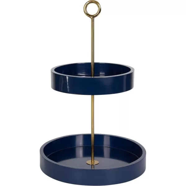 Kate and Laurel Lipton Modern Two Tier Tray 13 x 13 x 20 Walnut Brown and Gold Glam Decorative TrayNavy BlueGold