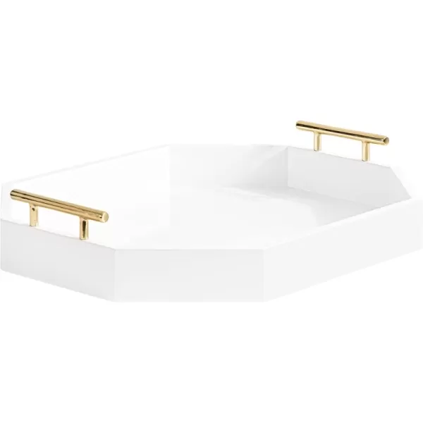 Kate and Laurel Lipton Oblong Octagon Decorative Tray 14 x 18 White and Gold Display Tray with Polished Metal Handles