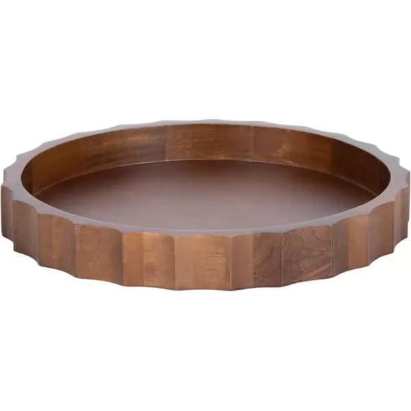 Kate and Laurel Lissi Decorative Round Tray with Wavy Design 16 Inch Diameter White Modern Scalloped Circle Serving Tray for Coffee Table Ottoman Dining Table or Entryway CatchAll TrayWalnut Brown