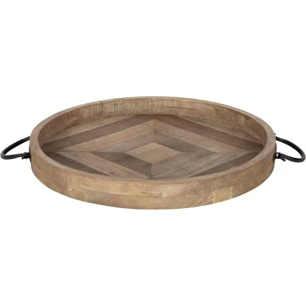 Kate and Laurel Marmora CasualFarmhouse Round Wooden Decorative Tray with Black Metal Handles Distressed Coastal White Finish 18inch DiameterRustic Brown