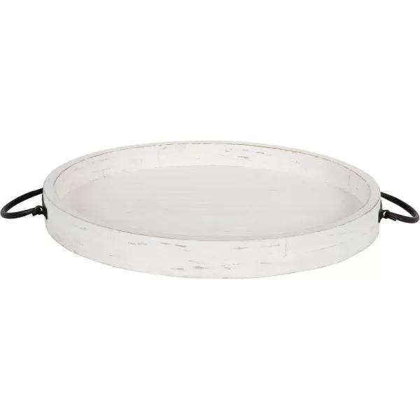 Kate and Laurel Marmora CasualFarmhouse Round Wooden Decorative Tray with Black Metal Handles Distressed Coastal White Finish 18inch DiameterWhite