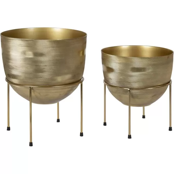 Kate and Laurel Navara Bohemian Round Metal Planter Set 2 Pieces Gold Sophisticated Modern Indoor Plant Stand