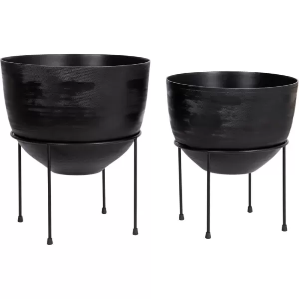 Kate and Laurel Navara Modern TwoPiece Round Metal Planter Set 2 Piece Set Black Planters for Indoor Plants with Engraved Texture and Size for Large Plants