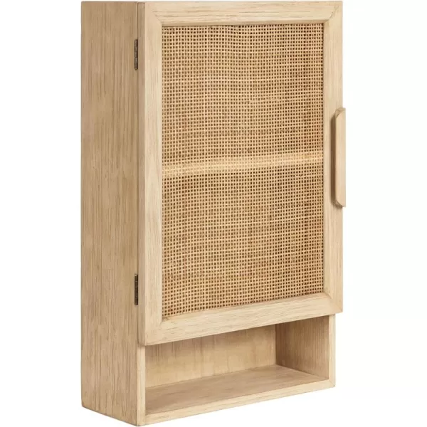 Kate and Laurel Ori Transitional Cane Wall Cabinet with Door 15 x 7 x 24 Natural Wood Decorative Rattan Over The Toilet Cabinet with Two Shelves and Bonus Storage CubbyNaturalCubby