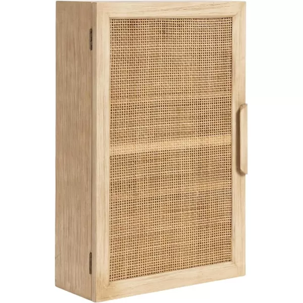 Kate and Laurel Ori Transitional Cane Wall Cabinet with Door 15 x 7 x 24 Natural Wood Decorative Rattan Over The Toilet Cabinet with Two Shelves and Bonus Storage CubbyNatural