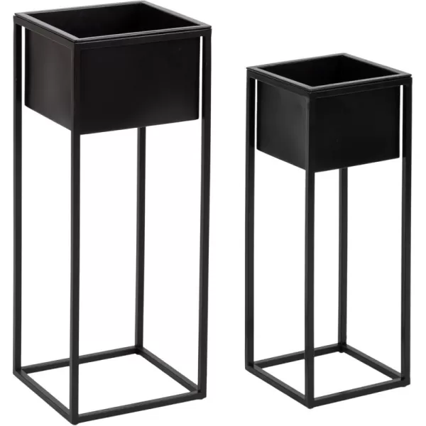 Kate and Laurel Palade Modern TwoPiece Metal Outdoor Planter Set 2 Piece Set Black Metal Indoor or Outdoor Planters with Geometric Base for Patio Plant Decor
