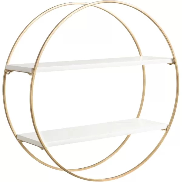 Kate and Laurel Sequoia Modern Round Wall Shelf 24 Inch Diameter White and Gold Contemporary Glam 2Tier Floating Shelf Decor for Living Room Bedroom or Bathroom DisplayWhiteGold