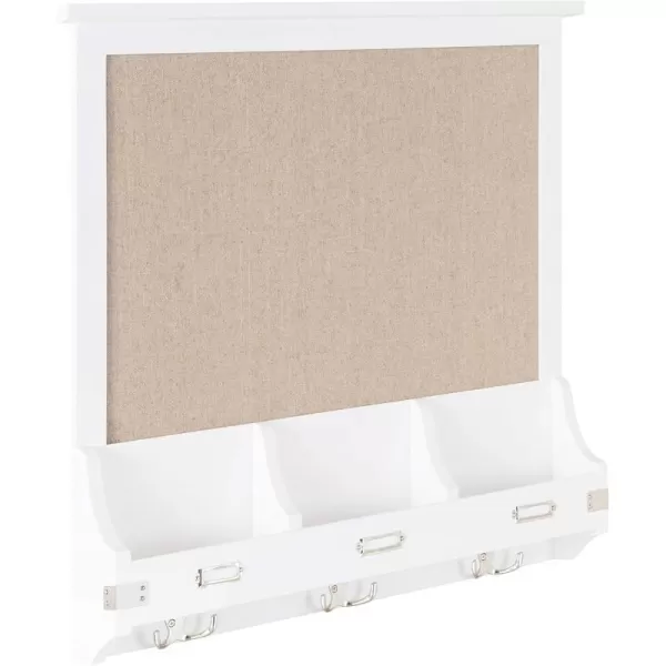 Kate and Laurel Stallard Wood Framed Wall Organizer with Fabric Pinboard 24 x 24 White Decorative Organizer with 3 Hooks and 3 Wooden Pockets