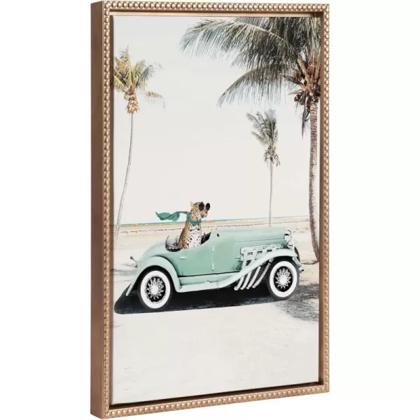 Kate and Laurel Sylvie Beaded Leopard in Car Beach Palms Vintage Framed Canvas Wall Art by July Art Prints 18x24 White Beach Animal Art for WallGold