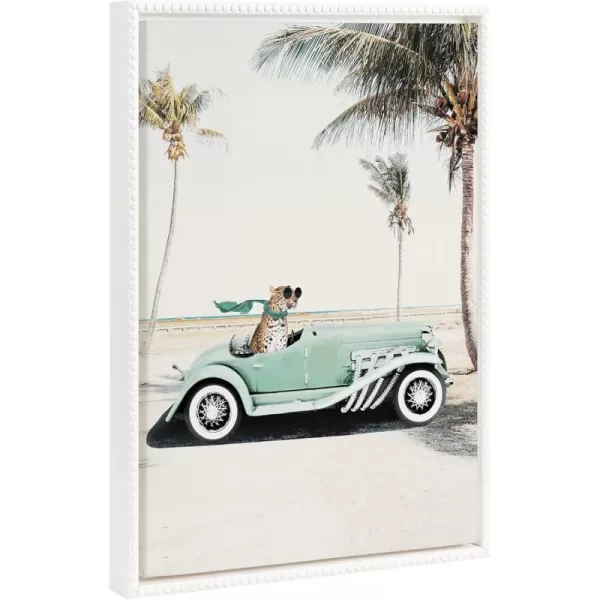 Kate and Laurel Sylvie Beaded Leopard in Car Beach Palms Vintage Framed Canvas Wall Art by July Art Prints 18x24 White Beach Animal Art for WallWhite