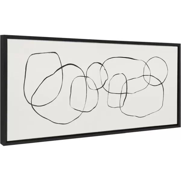 Kate and Laurel Sylvie Dancing Circles Framed Linen Textured Canvas Wall Art by Teju Reval of SnazzyHues 18x40 Gold Neutral Abstract Wall DecorBlack