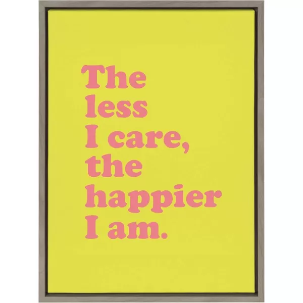 Kate and Laurel Sylvie Less I Care Happier I am in Yellow and Pink Framed Canvas Wall Art by Apricot and Birch 18x24 Gray Chic Inspirational Art for Wall