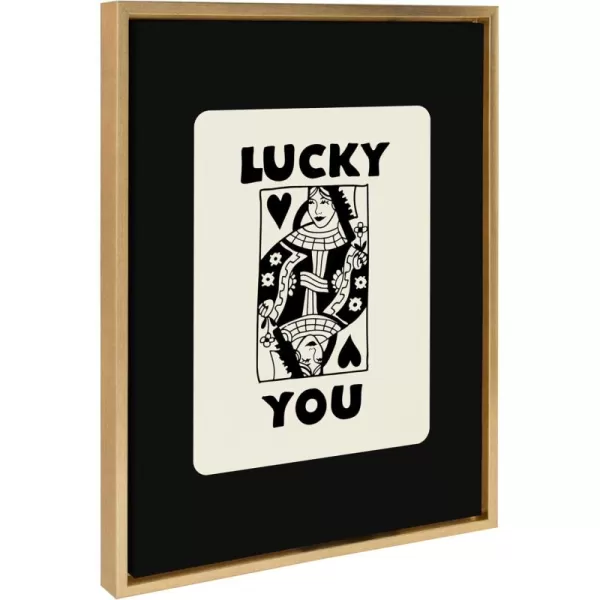 Kate and Laurel Sylvie Lucky You Framed Canvas Wall Art by Honey Island Studio 18x24 Natural Cute Casino Deck of Cards Art for WallBright Gold