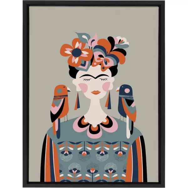 Kate and Laurel Sylvie MCM Frida Kahlo Framed Canvas Wall Art by Rachel Lee of My Dream Wall 18x24 Black Colorful Midcentury Art Print for WallBlack
