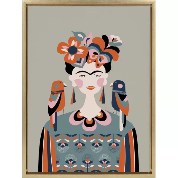 Kate and Laurel Sylvie MCM Frida Kahlo Framed Canvas Wall Art by Rachel Lee of My Dream Wall 18x24 Black Colorful Midcentury Art Print for WallGold
