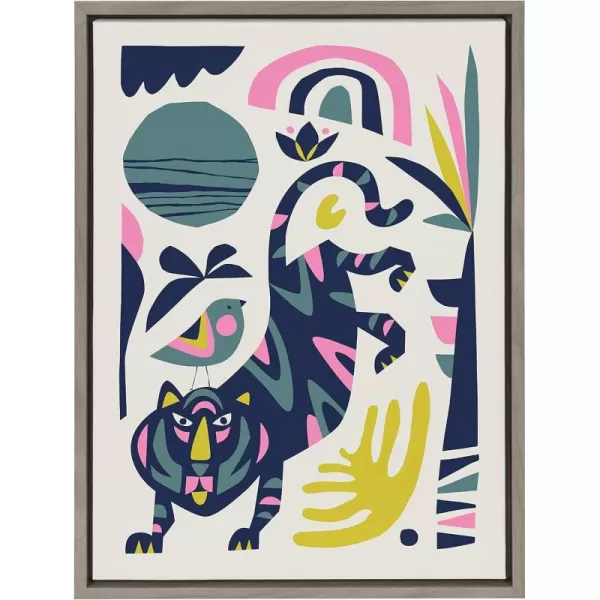 Kate and Laurel Sylvie MidCentury Modern Tiger and Bird Framed Canvas Wall Art by Rachel Lee of My Dream Wall 18x24 Gray Chic Animal Art Print for Wall