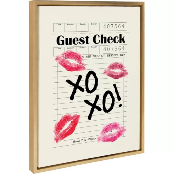 Kate and Laurel Sylvie XOXO Kisses Guest Check Framed Canvas Wall Art by Alli Standefer 18x24 Bright Gold Modern Cute Lipstick Art for Wall