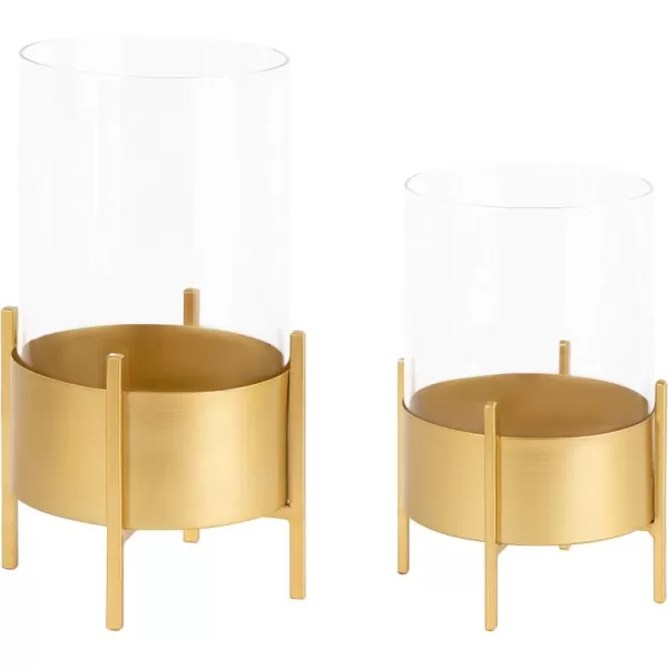 Kate and Laurel Wayde Modern Metal Glass Pillar Candle Holders Set of 2 Gold Decorative Candle Stands for Centerpieces or Living Room DecorationsGold