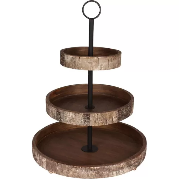 Kate and Laurel White Birch 3Tiered Decorative Modern Farmhouse Wooden Tray with Black Metal Carrying Handle in Rustic Brown